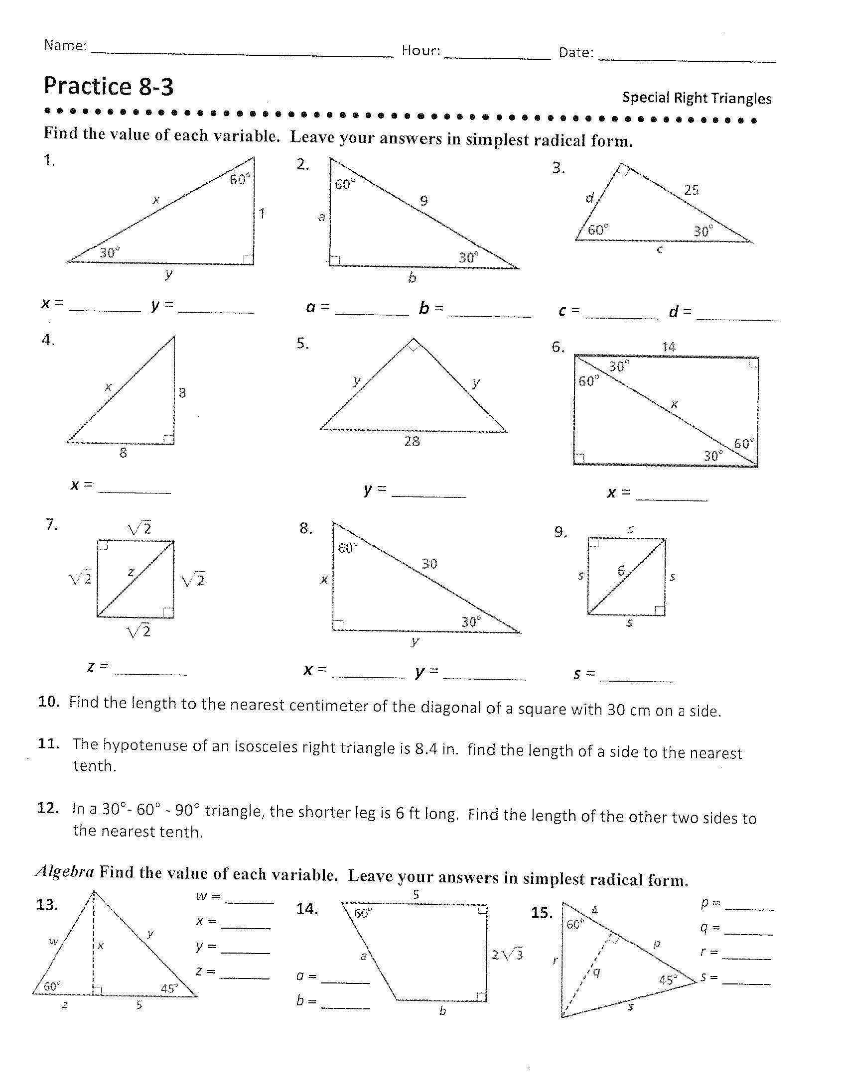 Geometry "B" - Mr. Revetts Web page In 5 8 Special Right Triangles Worksheet%